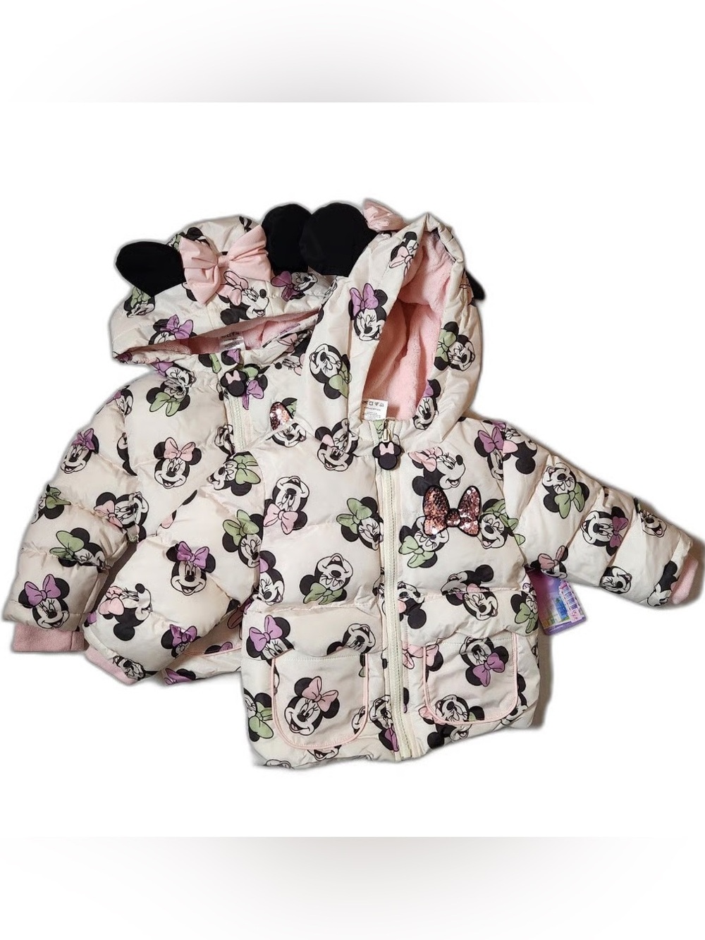 🆕 Disney Cream Pink Minnie Mouse Puffer Jacket with Ear Hood